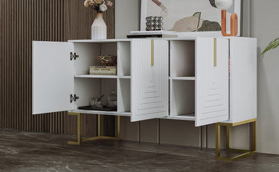 Buffet Sideboard Moderne Blanc avec Texture U-forme, Pieds Dorés et Étagères Réglables (138x40x80.5cm) CRUUGREN WHITE
