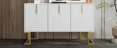 Buffet Sideboard Moderne Blanc avec Texture U-forme, Pieds Dorés et Étagères Réglables (138x40x80.5cm) CRUUGREN WHITE