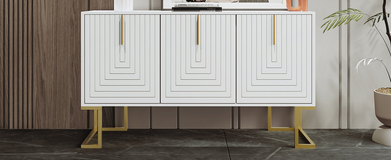 Buffet Sideboard Moderne Blanc avec Texture U-forme, Pieds Dorés et Étagères Réglables (138x40x80.5cm) CRUUGREN WHITE