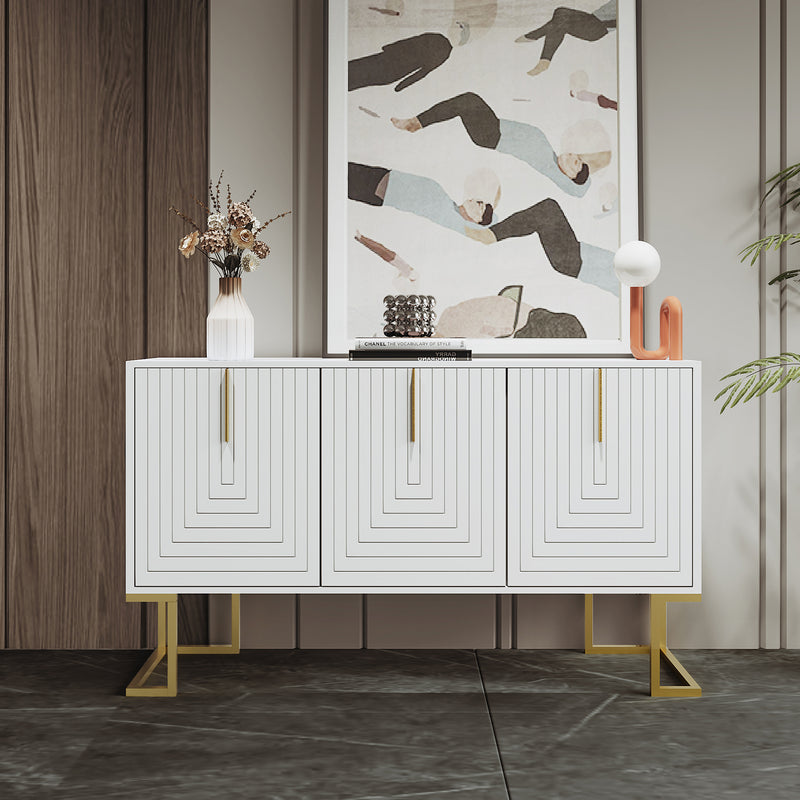 Buffet Sideboard Moderne Blanc avec Texture U-forme, Pieds Dorés et Étagères Réglables (138x40x80.5cm) CRUUGREN WHITE