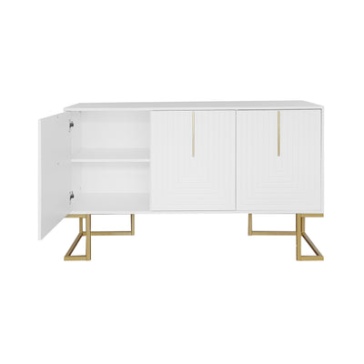 Buffet Sideboard Moderne Blanc avec Texture U-forme, Pieds Dorés et Étagères Réglables (138x40x80.5cm) CRUUGREN WHITE