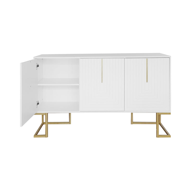 Buffet Sideboard Moderne Blanc avec Texture U-forme, Pieds Dorés et Étagères Réglables (138x40x80.5cm) CRUUGREN WHITE