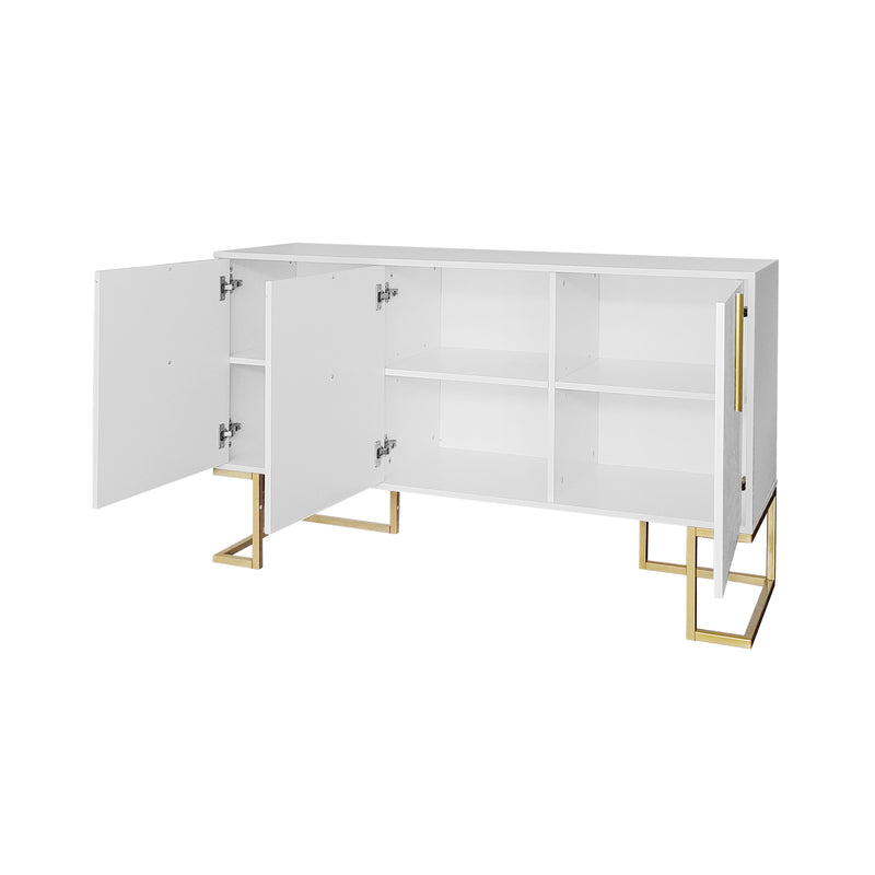 Buffet Sideboard Moderne Blanc avec Texture U-forme, Pieds Dorés et Étagères Réglables (138x40x80.5cm) CRUUGREN WHITE
