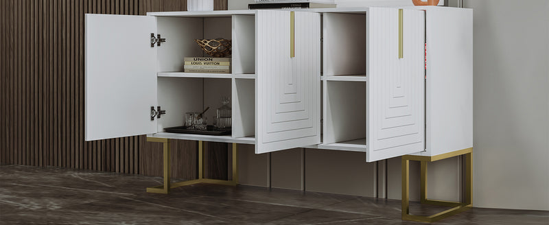 Buffet Sideboard Moderne Blanc avec Texture U-forme, Pieds Dorés et Étagères Réglables (138x40x80.5cm) CRUUGREN WHITE