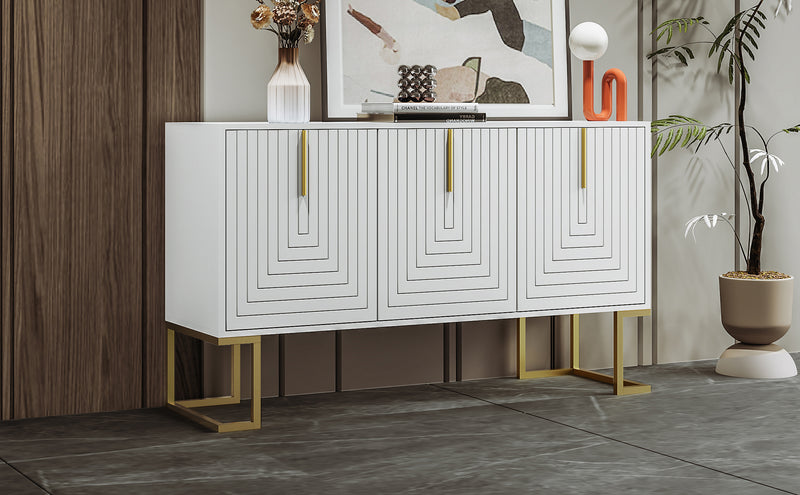 Buffet Sideboard Moderne Blanc avec Texture U-forme, Pieds Dorés et Étagères Réglables (138x40x80.5cm) CRUUGREN WHITE