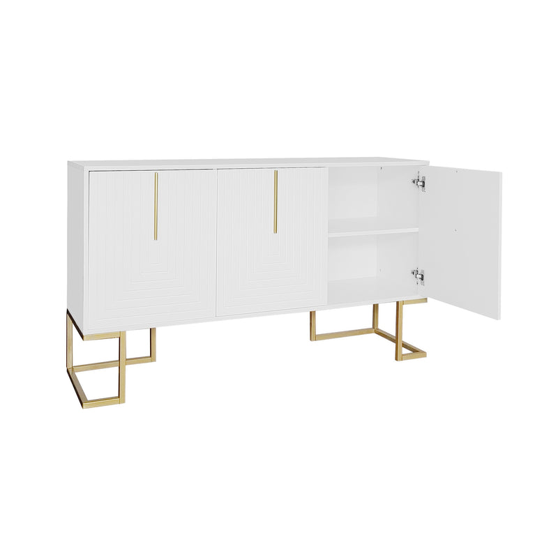 Buffet Sideboard Moderne Blanc avec Texture U-forme, Pieds Dorés et Étagères Réglables (138x40x80.5cm) CRUUGREN WHITE