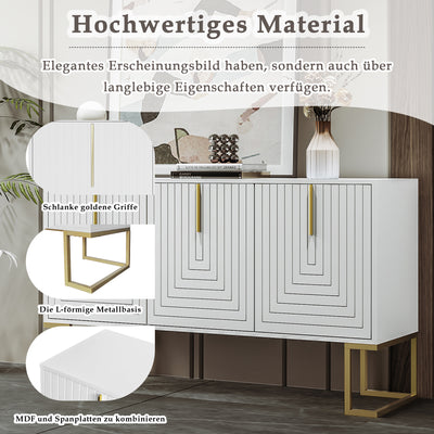 Buffet Sideboard Moderne Blanc avec Texture U-forme, Pieds Dorés et Étagères Réglables (138x40x80.5cm) CRUUGREN WHITE
