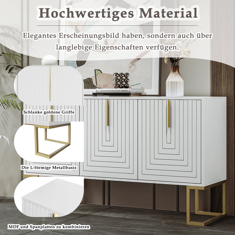 Buffet Sideboard Moderne Blanc avec Texture U-forme, Pieds Dorés et Étagères Réglables (138x40x80.5cm) CRUUGREN WHITE