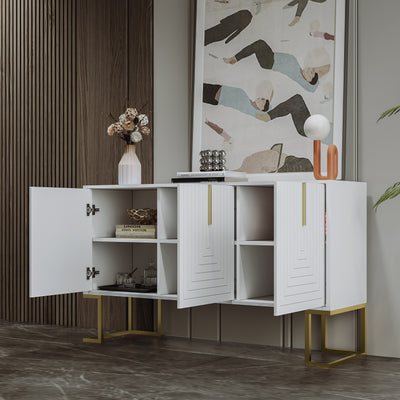 Buffet Sideboard Moderne Blanc avec Texture U-forme, Pieds Dorés et Étagères Réglables (138x40x80.5cm) CRUUGREN WHITE