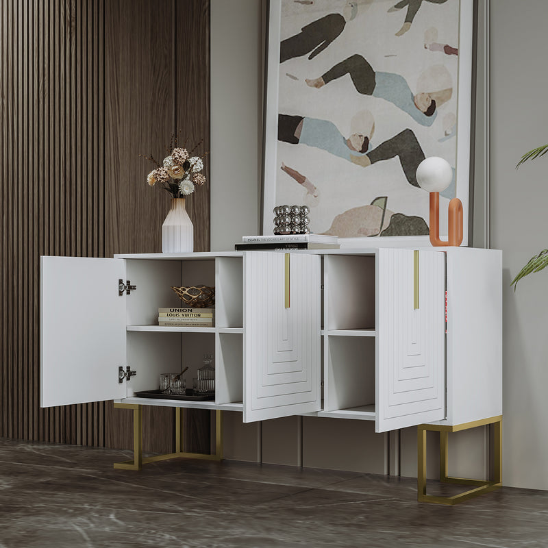 Buffet Sideboard Moderne Blanc avec Texture U-forme, Pieds Dorés et Étagères Réglables (138x40x80.5cm) CRUUGREN WHITE