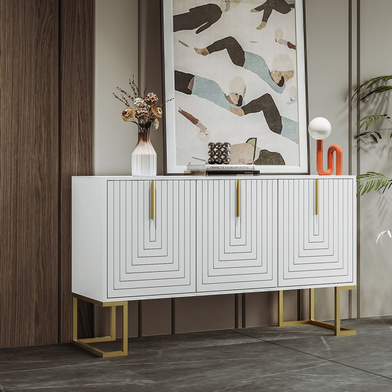 Buffet Sideboard Moderne Blanc avec Texture U-forme, Pieds Dorés et Étagères Réglables (138x40x80.5cm) CRUUGREN WHITE
