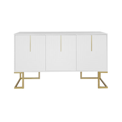 Buffet Sideboard Moderne Blanc avec Texture U-forme, Pieds Dorés et Étagères Réglables (138x40x80.5cm) CRUUGREN WHITE