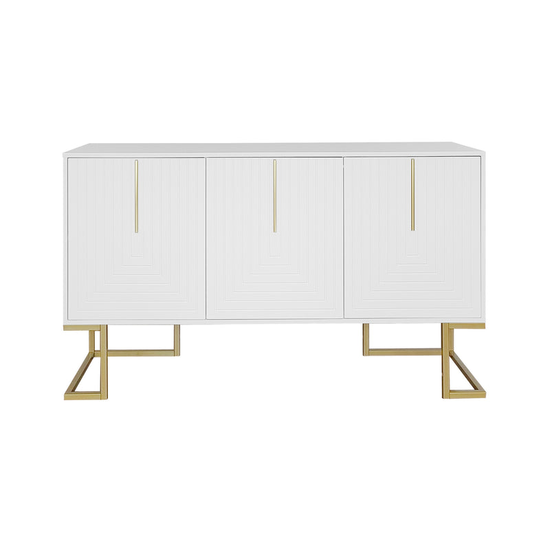 Buffet Sideboard Moderne Blanc avec Texture U-forme, Pieds Dorés et Étagères Réglables (138x40x80.5cm) CRUUGREN WHITE