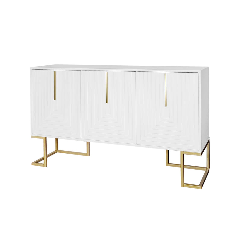 Buffet Sideboard Moderne Blanc avec Texture U-forme, Pieds Dorés et Étagères Réglables (138x40x80.5cm) CRUUGREN WHITE