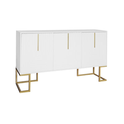 Buffet Sideboard Moderne Blanc avec Texture U-forme, Pieds Dorés et Étagères Réglables (138x40x80.5cm) CRUUGREN WHITE