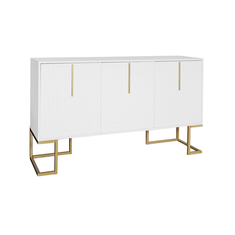Buffet Sideboard Moderne Blanc avec Texture U-forme, Pieds Dorés et Étagères Réglables (138x40x80.5cm) CRUUGREN WHITE