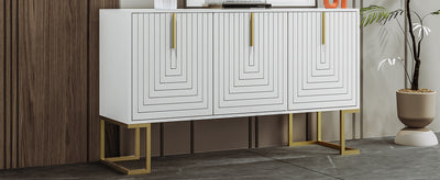 Buffet Sideboard Moderne Blanc avec Texture U-forme, Pieds Dorés et Étagères Réglables (138x40x80.5cm) CRUUGREN WHITE