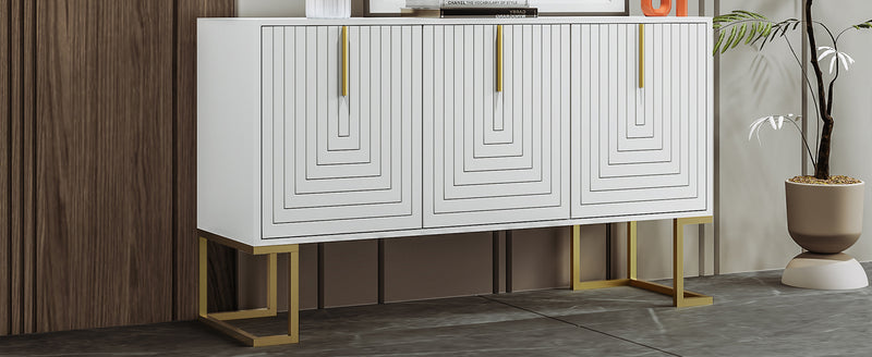 Buffet Sideboard Moderne Blanc avec Texture U-forme, Pieds Dorés et Étagères Réglables (138x40x80.5cm) CRUUGREN WHITE