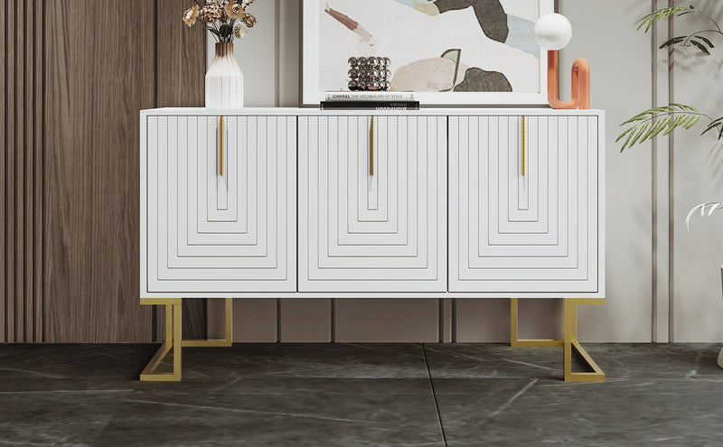 Buffet Sideboard Moderne Blanc avec Texture U-forme, Pieds Dorés et Étagères Réglables (138x40x80.5cm) CRUUGREN WHITE