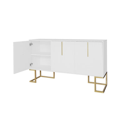 Buffet Sideboard Moderne Blanc avec Texture U-forme, Pieds Dorés et Étagères Réglables (138x40x80.5cm) CRUUGREN WHITE