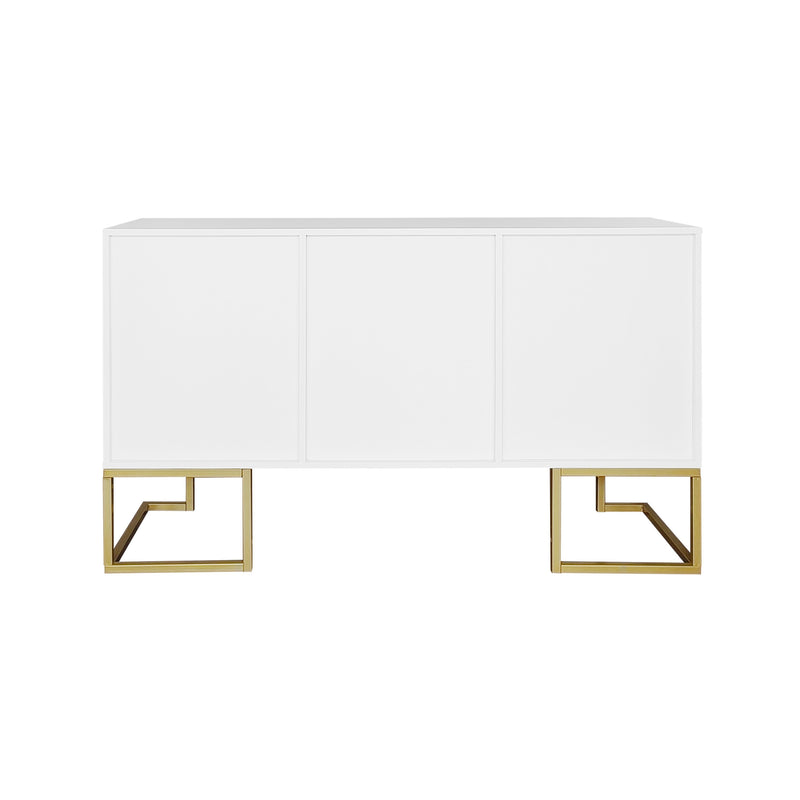 Buffet Sideboard Moderne Blanc avec Texture U-forme, Pieds Dorés et Étagères Réglables (138x40x80.5cm) CRUUGREN WHITE