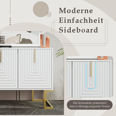 Buffet Sideboard Moderne Blanc avec Texture U-forme, Pieds Dorés et Étagères Réglables (138x40x80.5cm) CRUUGREN WHITE