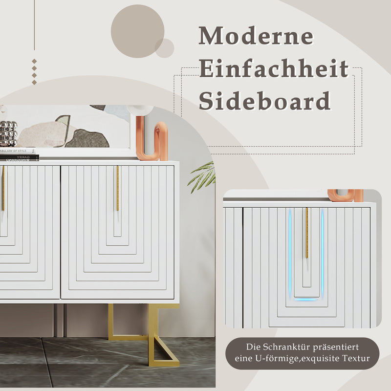 Buffet Sideboard Moderne Blanc avec Texture U-forme, Pieds Dorés et Étagères Réglables (138x40x80.5cm) CRUUGREN WHITE