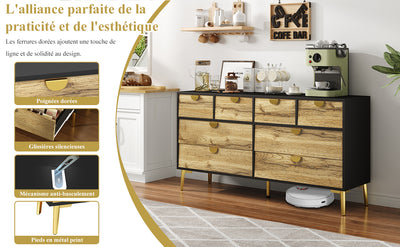 Buffet Contemporain Noir & Naturel avec 8 Tiroirs Intégrés et Poignées Dorées (150x40x78cm) DAZIDS
