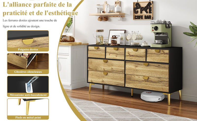 Buffet Contemporain Noir & Naturel avec 8 Tiroirs Intégrés et Poignées Dorées (150x40x78cm) DAZIDS