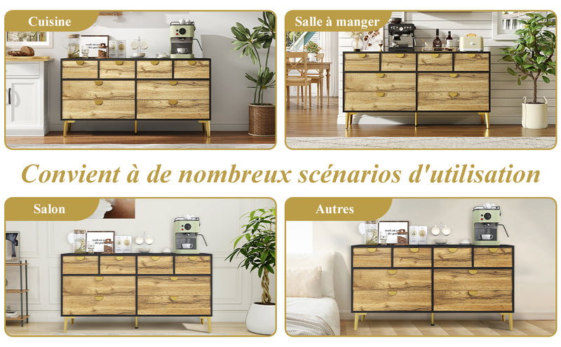 Buffet Contemporain Noir & Naturel avec 8 Tiroirs Intégrés et Poignées Dorées (150x40x78cm) DAZIDS