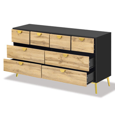 Buffet Contemporain Noir & Naturel avec 8 Tiroirs Intégrés et Poignées Dorées (150x40x78cm) DAZIDS