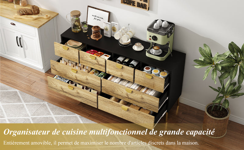 Buffet Contemporain Noir & Naturel avec 8 Tiroirs Intégrés et Poignées Dorées (150x40x78cm) DAZIDS