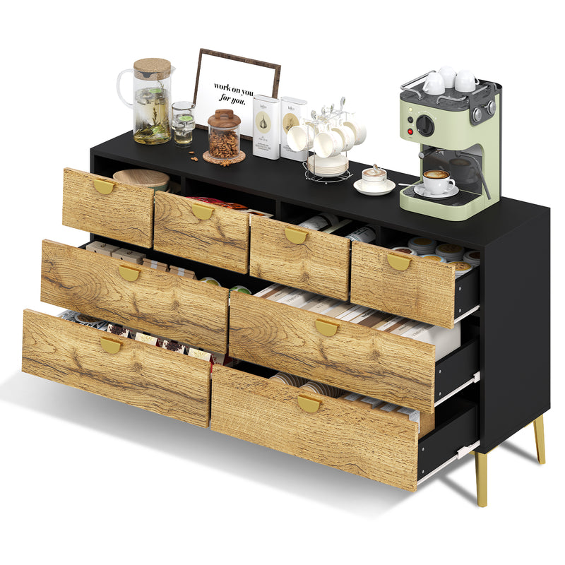 Buffet Contemporain Noir & Naturel avec 8 Tiroirs Intégrés et Poignées Dorées (150x40x78cm) DAZIDS
