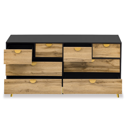 Buffet Contemporain Noir & Naturel avec 8 Tiroirs Intégrés et Poignées Dorées (150x40x78cm) DAZIDS