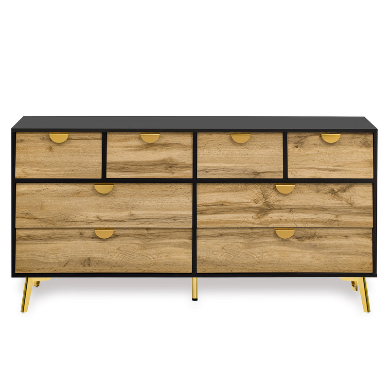 Buffet Contemporain Noir & Naturel avec 8 Tiroirs Intégrés et Poignées Dorées (150x40x78cm) DAZIDS