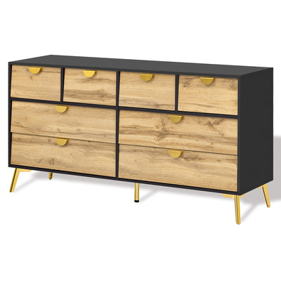 Buffet Contemporain Noir & Naturel avec 8 Tiroirs Intégrés et Poignées Dorées (150x40x78cm) DAZIDS
