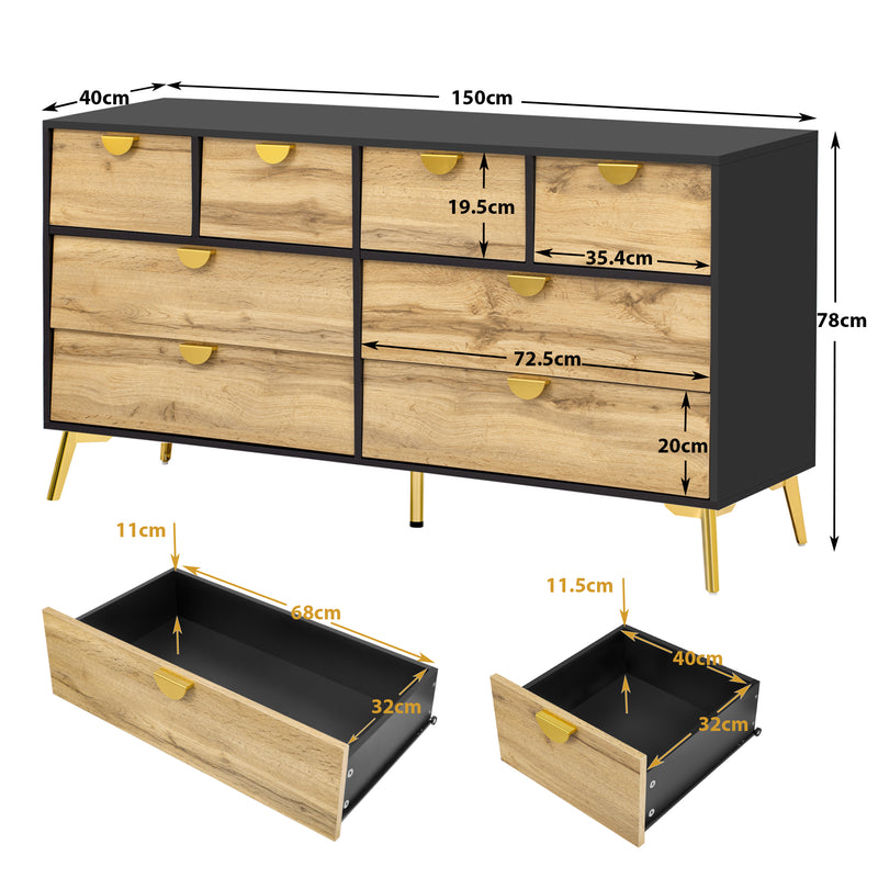 Buffet Contemporain Noir & Naturel avec 8 Tiroirs Intégrés et Poignées Dorées (150x40x78cm) DAZIDS