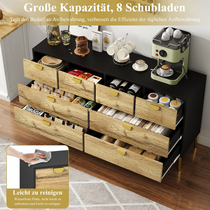 Buffet Contemporain Noir & Naturel avec 8 Tiroirs Intégrés et Poignées Dorées (150x40x78cm) DAZIDS