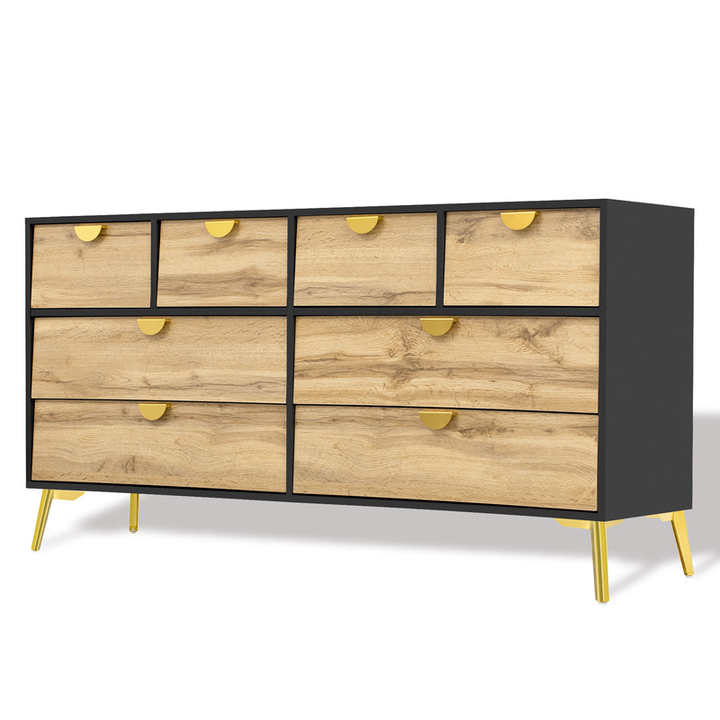 Buffet Contemporain Noir & Naturel avec 8 Tiroirs Intégrés et Poignées Dorées (150x40x78cm) DAZIDS
