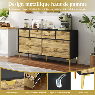 Buffet Contemporain Noir & Naturel avec 8 Tiroirs Intégrés et Poignées Dorées (150x40x78cm) DAZIDS