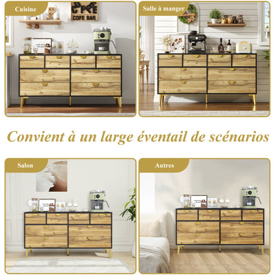Buffet Contemporain Noir & Naturel avec 8 Tiroirs Intégrés et Poignées Dorées (150x40x78cm) DAZIDS
