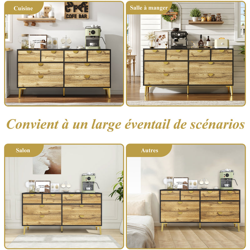Buffet Contemporain Noir & Naturel avec 8 Tiroirs Intégrés et Poignées Dorées (150x40x78cm) DAZIDS