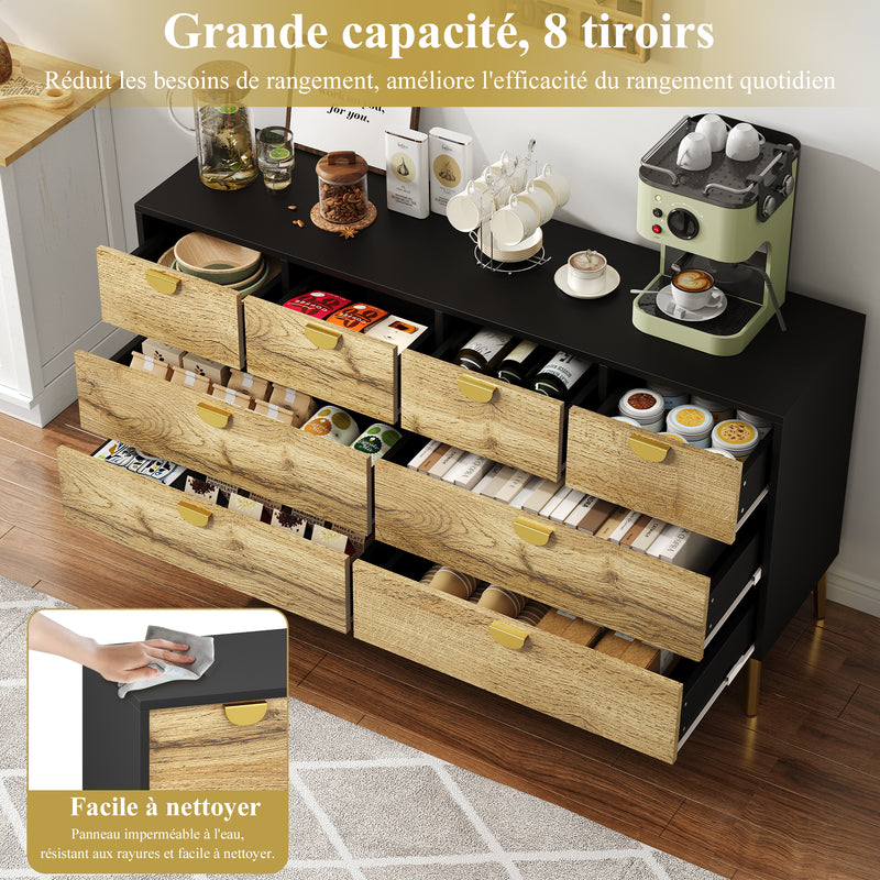 Buffet Contemporain Noir & Naturel avec 8 Tiroirs Intégrés et Poignées Dorées (150x40x78cm) DAZIDS