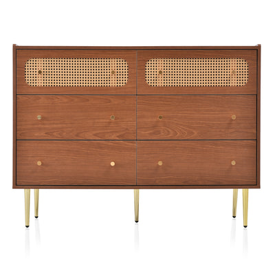 Commode Buffet Vintage Noyer avec 6 Tiroirs (dont 2 en Rotin) et Pieds Métalliques DELMO
