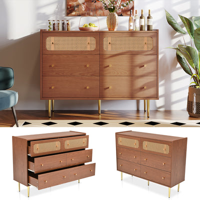 Commode Buffet Vintage Noyer avec 6 Tiroirs (dont 2 en Rotin) et Pieds Métalliques DELMO