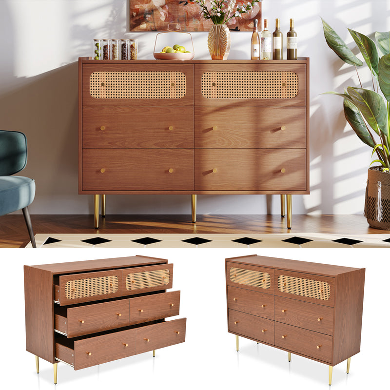 Commode Buffet Vintage Noyer avec 6 Tiroirs (dont 2 en Rotin) et Pieds Métalliques DELMO