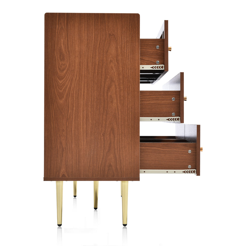 Commode Buffet Vintage Noyer avec 6 Tiroirs (dont 2 en Rotin) et Pieds Métalliques DELMO