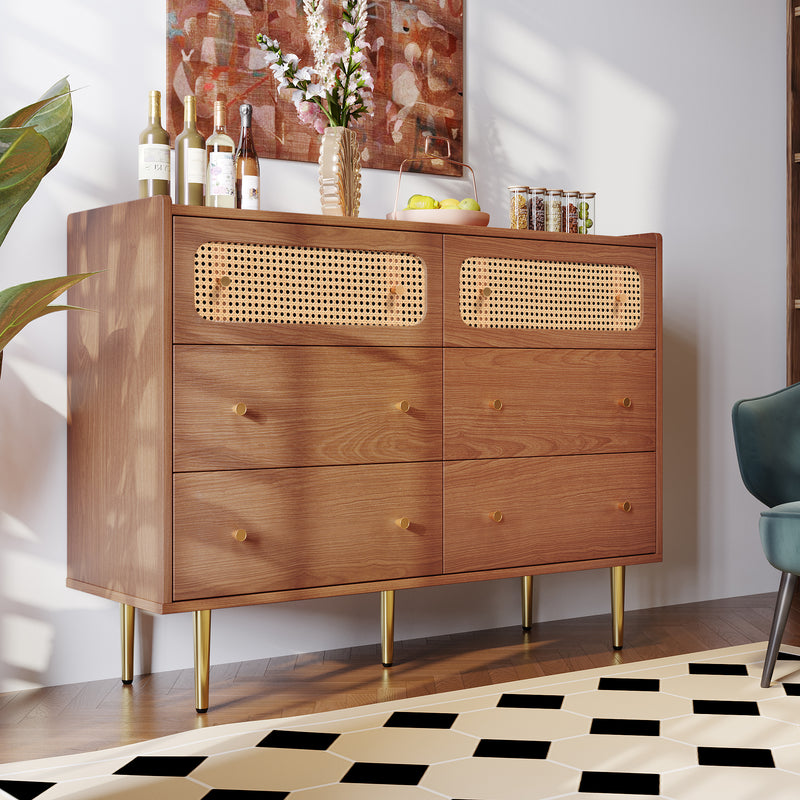 Commode Buffet Vintage Noyer avec 6 Tiroirs (dont 2 en Rotin) et Pieds Métalliques DELMO