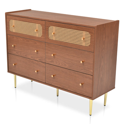 Commode Buffet Vintage Noyer avec 6 Tiroirs (dont 2 en Rotin) et Pieds Métalliques DELMO