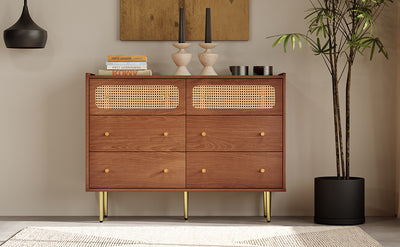 Commode Buffet Vintage Noyer avec 6 Tiroirs (dont 2 en Rotin) et Pieds Métalliques DELMO